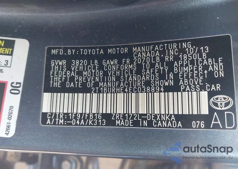 2014 Toyota Corolla Le Plus из США, поврежденный, VIN 2T1BURHE4EC038894